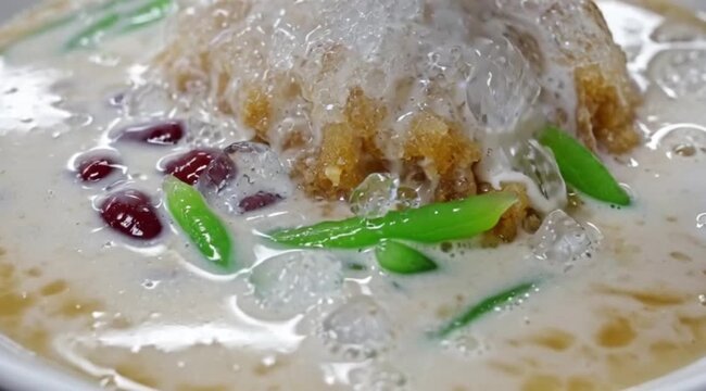 A perfectly rolled Dadar Gulung (green pancake roll with coconut) cut in half, revealing the sweet coconut filling. The pandan pancake is a vibrant green