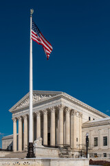 Supreme court courthouse with marble architecture. Supreme court building under blue sky. Supreme court landmark of united states. Supreme court symbol of federal system.