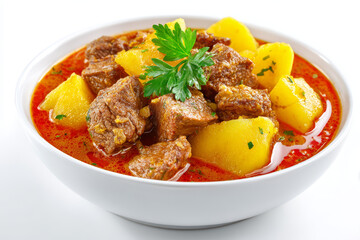 Fototapeta premium Beef stew potato soup bowl parsley red broth comfort food closeup dinner lunch beef stew with potato white bowl, rich red broth and fresh parsley