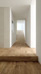 Fototapeta premium Minimalist hallway interior wood floor modern staircase natural light calm mood