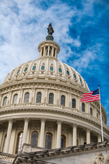 American flag Capitol skyline Washington DC sky. American flag democracy freedom patriotism. American flag Congress Senate voting elections. American flag iconic national symbol.