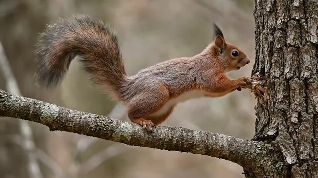 Red squirrel standing on tree branch in forest