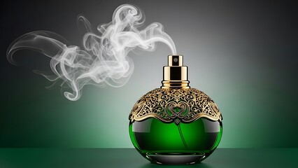 Obraz premium Elegant green perfume bottle emitting delicate fragrance smoke with golden cap