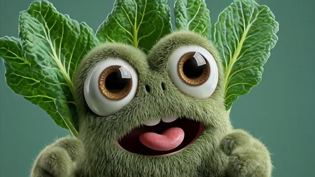 Close-up of a green cartoon monster with big eyes and leaves on its head against a green background.
