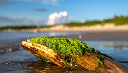 A patch of moss growing on driftwood, surrounded by gentle waves on a beach