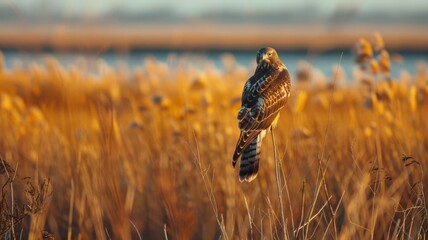 Alert Hawk Perched on a Thin Stem in Golden Wetlands at Sunrise, Wildlife Serenity