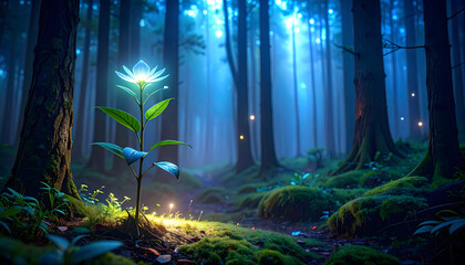 A bioluminescent plant growing in a forest, glowing softly in the night