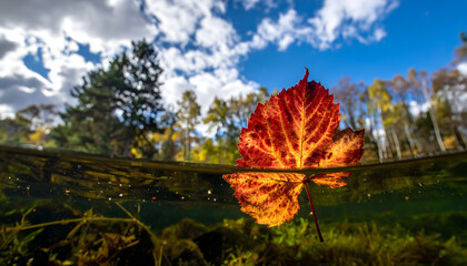 A rare, vibrant leaf gently floating on a crystal-clear pond with a sky reflection, highlighting autumn colors.