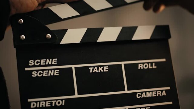 Close up of movie clapperboard being held on film set