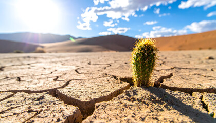 A small cactus growing through the cracks of a desert floor, thriving under the harsh sun and difficult conditions.