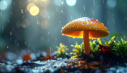 A vibrant orange mushroom growing on the wet forest floor, showcasing a mystical scene.