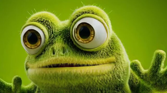 Close-up portrait of a green cartoon frog with large eyes against a bright green background.