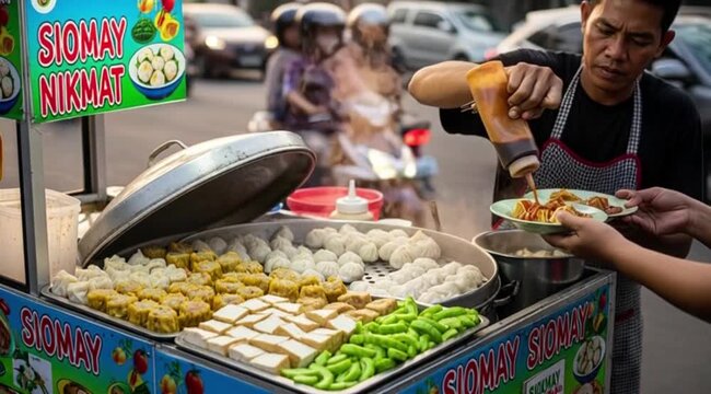 A street food cart dedicated to Siomay (steamed fish dumplings). The steamer is open, revealing rows of dumplings, tofu, and bitter gourd