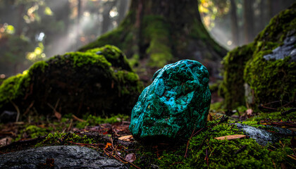 A vivid turquoise rock surrounded by damp, dark moss in an ancient forest.