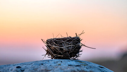 An abandoned bird's nest resting on a smooth stone, illuminated by the first light of dawn.