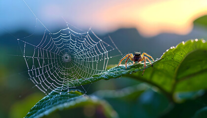 An intricate close-up of a cute small spider weaving a web in the corner of a leaf.