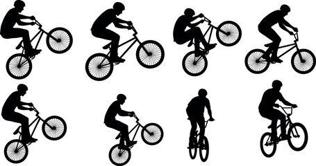 Naklejka premium BMX rider silhouettes performing freestyle tricks and jumps, extreme cycling action poses isolated on white background for urban sport, competition, and motion design