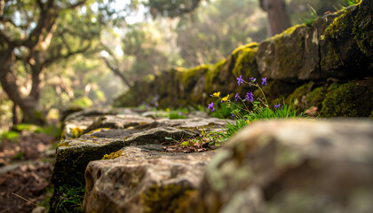 An overgrown stone pathway in a forgotten forest with tiny wildflowers peeking through.