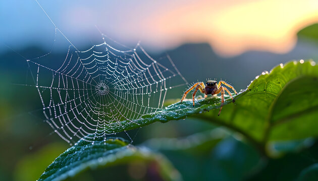 An intricate close-up of a cute small spider weaving a web in the corner of a leaf.