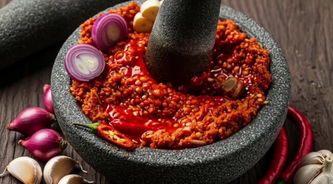 A traditional stone mortar and pestle (cobek) filled with a freshly ground red spice paste (bumbu) for rendang or sambal