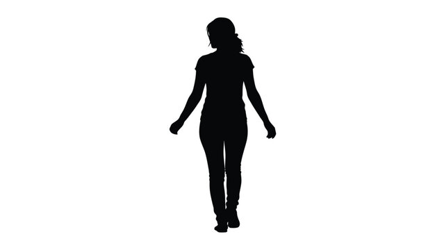 Silhouette of a young woman with her hair tied back walking forward against a stark white background isolated image