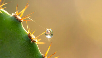 A crystal-clear water droplet hanging from a sharp cactus needle in soft sunlight.