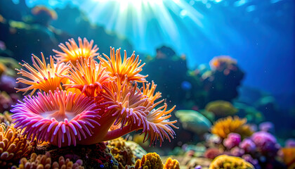 A colorful sea anemone cluster in vibrant underwater surroundings