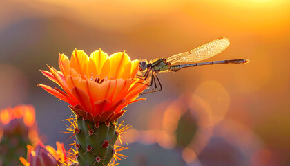 A dragonfly perched on a cactus flower with a sunset glow in the background.