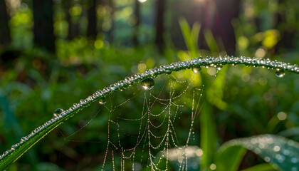 A dew-covered cobweb on a leaf framed by soft morning light.