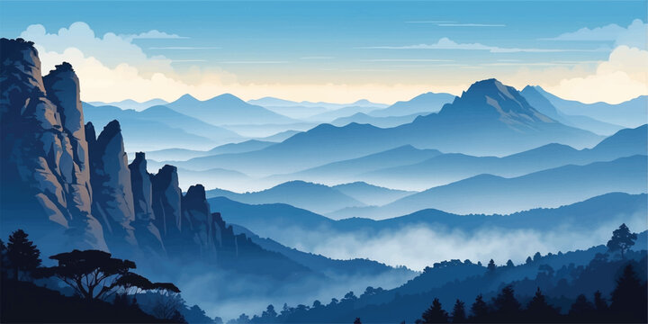 Scenic panoramic view of layered blue mountain ranges fading into mist during sunrise. Dramatic rocky cliffs in the foreground with soft atmospheric haze creating a tranquil and cinematic natural land