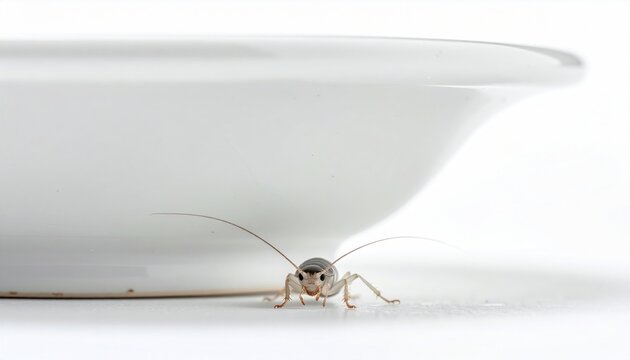 Silverfish Insect Hiding Underneath a White Ceramic Bowl on a Clean White Surface.