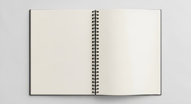 Top-down view of an open blank sketchbook with spiral binding and cream-colored textured paper isolated on white
