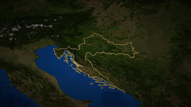 Croatia high resolution 4k satellite map locator video cinematic zoom animation with 3d drop shadow and illuminated border European travel geography and geopolitical news broadcasting asset