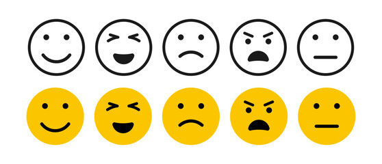 Fototapeta premium Rating and Feedback Emoticons Set with Happy, Neutral and Sad Emojis for Customer Reviews, Surveys and User Satisfaction Evaluation