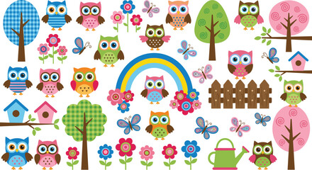 Cute Cartoon Owl and Spring Garden Vector Collection, Colorful Forest Animals, Flowers, Trees and Butterflies Illustration Set