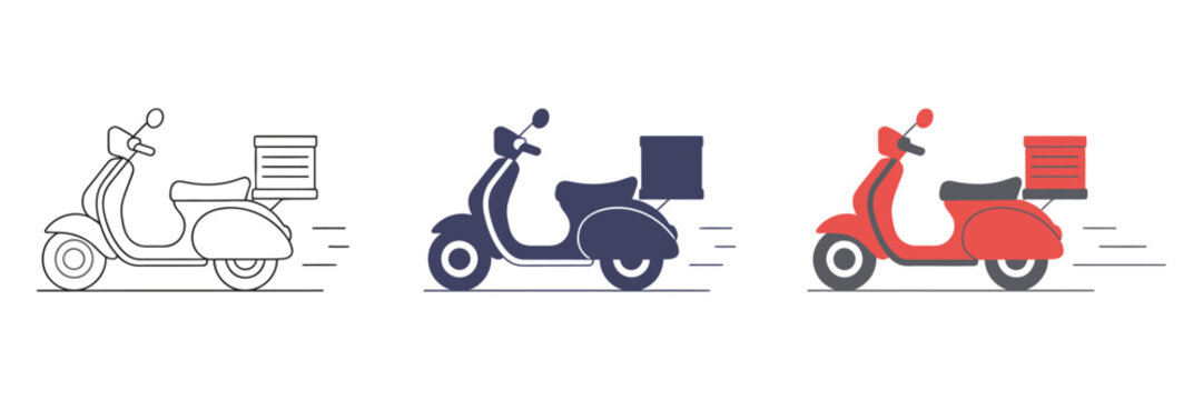 Food delivery line icon, pizza and motorcycle transportation symbol, clean vector illustration for online ordering