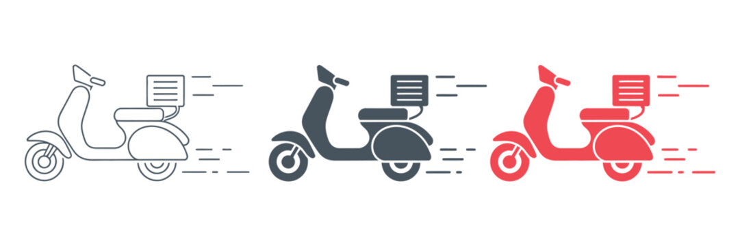Food delivery line icon, pizza, motorcycle, and vehicle vector illustration, representing fast delivery service