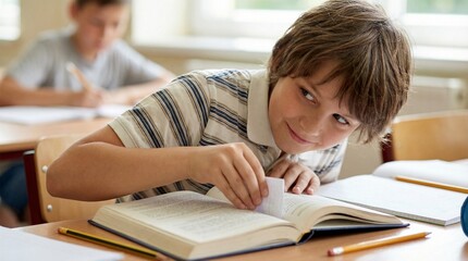 Fototapeta premium Child hiding note in book filled with atmosphere