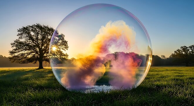 Giant transparent bubble filled with swirling colorful pollen clouds