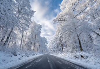 Obraz premium Snow Covered Road Through A Winter Forest With Falling Snow And Blue Sky Above