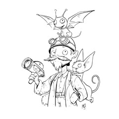 Fototapeta premium Cartoon detective with cat and bat on head holding magnifying glass