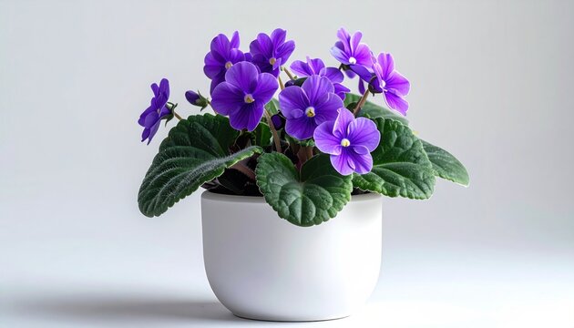 Purple African Violets in White Pot.