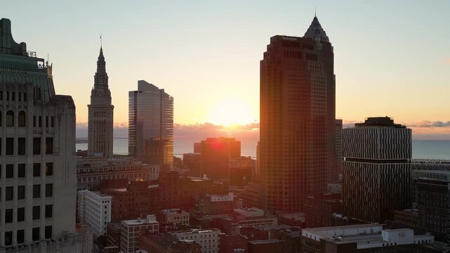 Downtown Cleveland skyline at sunset