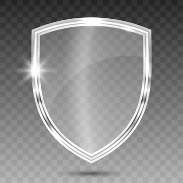 Transparent Crystal Glass Shield Panel &ndash; Realistic Glossy Acrylic Guard Emblem Isolated on Transparent Background Vector