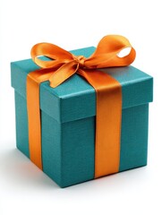 Obraz premium Teal Gift Box With Orange Ribbon And Bow Isolated On White Background Studio Shot