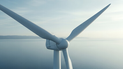 Aerial view of a large wind turbine standing in the calm waters of an ocean or lake on a cloudy day