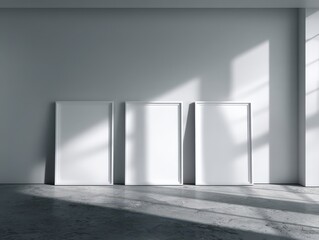 Fototapeta premium Three Blank White Frames Leaning Against A Light Gray Wall With Sunlight Shadows On A Concrete Floor
