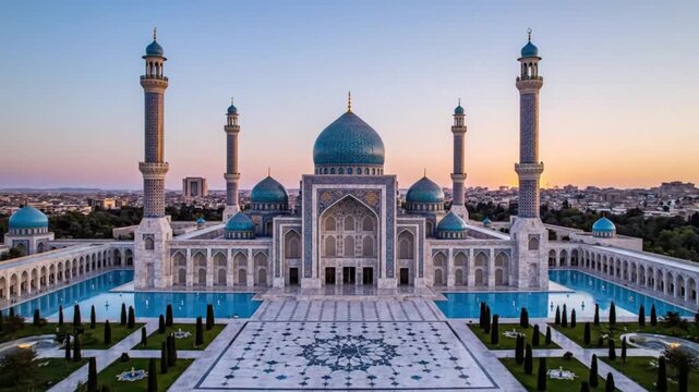 Aerial view of a large white mosque with blue domes and minarets, surrounded by a courtyard and gardens, set against a cityscape at sunset with a gradient sky.