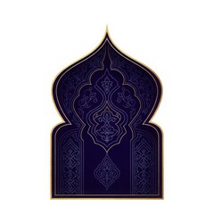 Intricate blue and gold arabic archway design with symmetrical patterns and floral motifs