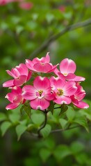 A close-up of pink flowers on a tree branch with green leaves